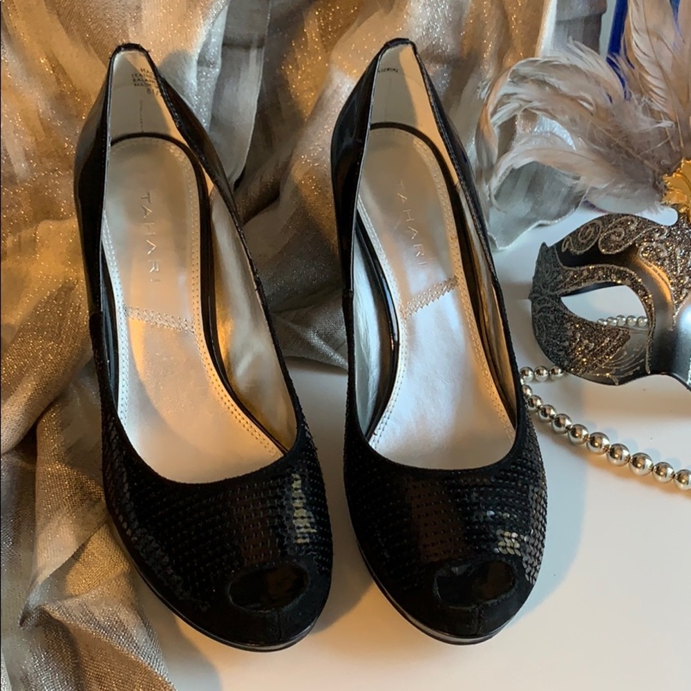 Tahari black sequins leather heels